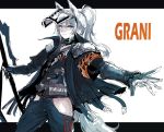  1girl animal_ears arknights character_name gloves grani_(arknights) hair_between_eyes highres holding holding_weapon horse_ears horse_tail jacket long_hair looking_at_viewer mask osakana_(denpa_yun&#039;yun) ponytail simple_background smile solo tail thigh_cutout violet_eyes weapon 
