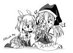  2girls apron bangs blunt_bangs boots character_doll doll double_bun dress frills full_body greyscale hair_ribbon haniwa_(statue) haniyasushin_keiki head_scarf holding holding_doll joutouguu_mayumi kneeling long_hair monochrome multiple_girls open_mouth ribbon ruichi_fox sandals short_sleeves sitting smile sparkle touhou twitter_username vambraces wariza 