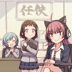 &gt;:) 3girls :&gt; :d ^_^ ahoge aqua_hair ayasaka bang_dream! bangs blazer bow brown_hair cat_ear_headphones chair closed_eyes collared_shirt commentary_request crossed_legs desk grey_jacket hair_bow hands_on_own_knee hands_together hazawa_tsugumi headphones hikawa_hina holding holding_tray indoors jacket long_hair long_sleeves looking_at_viewer miniskirt multiple_girls navy_blue_jacket navy_blue_skirt necktie open_mouth plaid plaid_skirt pleated_skirt red_neckwear redhead shirt short_hair side_braids sitting skirt smile striped striped_neckwear tamade_chiyu tray v-shaped_eyebrows white_shirt |_|