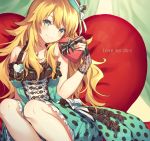  1girl artist_name bangs bare_shoulders blonde_hair breasts closed_mouth dress eyebrows_visible_through_hair gloves green_eyes highres hoshii_miki idolmaster idolmaster_(classic) idolmaster_million_live! idolmaster_million_live!_theater_days long_hair looking_at_viewer signature smile solo takibixt valentine watermark 