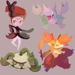  bulbacactus commentary creature delphox english_commentary ferrothorn fire flame full_body gen_2_pokemon gen_5_pokemon gen_6_pokemon gligar grey_background highres holding_stick meloetta meloetta_(pirouette) no_humans pokemon pokemon_(creature) simple_background standing 