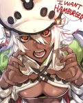  1girl beltbra breasts commentary dark_skin english_text guilty_gear guilty_gear_xrd hat highres long_hair looking_at_viewer medium_breasts orange_eyes ramlethal_valentine roas01b simple_background solo white_background white_hair 