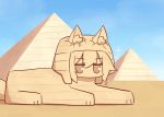  1girl animal_ears bangs blue_sky blush day ears_through_headwear egypt egyptian eyebrows_visible_through_hair fox_ears fox_girl fox_tail hair_between_eyes kemomimi-chan_(naga_u) long_hair looking_at_viewer naga_u nemes objectification original outdoors pyramid sand sidelocks sky solo sparkle sphinx tail 