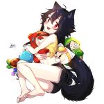  1girl animal_ears ass bare_arms barefoot black_hair black_shorts blush character_request commentary_request dated ejami ekko_(ejami) fang feet fox_ears fox_girl fox_tail full_body long_hair looking_at_viewer original red_eyes shirt short_shorts shorts signature simple_background sleeveless smile soles tail toes white_background yellow_shirt 