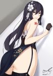  1girl ass azuma_(azur_lane) azuma_(soft_voice_of_spring)_(azur_lane) azur_lane bare_shoulders black_hair breasts brown_eyes china_dress chinese_clothes cowboy_shot dated dress flower garter_straps gloves grin hair_between_eyes hair_flower hair_ornament half_gloves highres kanzashi large_breasts long_hair looking_at_viewer looking_back pelvic_curtain revision signature smile solo thigh-highs thighs twitter_username unel white_flower 
