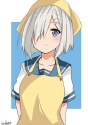  1girl apron blue_eyes breasts eyebrows_visible_through_hair hair_ornament hair_over_one_eye hairclip hamakaze_(kantai_collection) hinase_(jet_hearts) kantai_collection large_breasts looking_at_viewer school_uniform serafuku short_hair signature silver_hair smile solo upper_body yellow_apron 