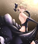  1girl artoria_pendragon_(all) backless_dress backless_outfit bangs bare_shoulders black_bow black_dress black_gloves blonde_hair blush bow braid breasts brown_background crimecrime dress earrings elbow_gloves fate/stay_night fate_(series) french_braid gloves gradient gradient_background grin hair_between_eyes hair_bow jewelry long_hair looking_at_viewer medium_breasts navel navel_cutout one_eye_closed saber_alter sidelocks smile solo sparkle yellow_eyes 