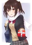  1girl :d alternate_costume bag bow bowtie box brown_eyes brown_hair cardigan grey_skirt hair_ornament hairclip holding holding_box incoming_gift kantai_collection looking_at_viewer open_mouth plaid plaid_skirt pleated_skirt red_neckwear scarf school_bag school_uniform sendai_(kantai_collection) skirt smile solo valentine white_scarf yuzuttan 