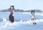  2girls barefoot black_footwear black_hair blue_sky hat iceberg ichiba_youichi japanese_clothes mountain mountainous_horizon multiple_girls murasa_minamitsu ocean omi-watari peaked_cap sailor_collar sailor_hat short_hair short_sleeves shorts sitting sky standing touhou water yasaka_kanako 