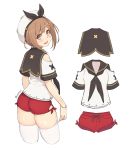  1girl ass atelier_(series) atelier_ryza bare_arms bare_shoulders black_neckwear blush bracelet brown_eyes brown_hair commentary_request cropped_legs dan_(kumadan) eyebrows_visible_through_hair from_behind hair_ornament hairclip hat hat_ribbon highres jewelry looking_at_viewer looking_back neckerchief open_mouth red_shorts reisalin_stout ribbon sailor_collar school_uniform serafuku shirt short_hair short_shorts shorts simple_background skindentation smile solo thigh-highs thighs white_background white_headwear 