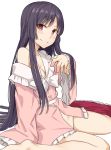  1girl alternate_costume bangs black_hair blush bottomless breasts closed_mouth houraisan_kaguya legs long_hair long_sleeves looking_at_viewer off_shoulder parted_bangs pink_skirt red_eyes shiseki_hirame sidelocks simple_background sitting skirt small_breasts smile solo touhou wariza 