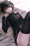  1girl artist_name ass bangs black_hair black_jacket black_legwear black_nails black_panties black_thighhighs celestia_ludenberg commentary_request danganronpa:_trigger_happy_havoc danganronpa_(series) eyebrows_visible_through_hair jacket long_sleeves lying on_back panties red_eyes short_hair solo thigh-highs underwear z-epto_(chat-noir86) 