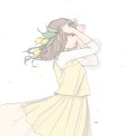  1girl brown_hair cowboy_shot dress flower hands_up holding holding_flower long_hair long_sleeves misoshiru_15 original plant profile see-through_sleeves signature solo tearing_up white_background wind yellow_dress yellow_flower 