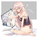  2girls anceril_sacred bare_shoulders black_panties blue_eyes eyebrows_visible_through_hair green_eyes hair_ornament heterochromia long_hair messy_hair mishima_kurone multiple_girls panties pink_hair red_eyes seiza shirokami_project silver_hair sitting sleepy solo_focus twintails underwear 