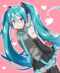  1girl aqua_eyes aqua_hair aqua_neckwear arms_behind_back bare_shoulders black_legwear black_skirt black_sleeves blush box commentary cowboy_shot detached_sleeves furrowed_eyebrows gift gift_box grey_shirt hair_ornament hatsune_miku headphones headset heart heart-shaped_box highres long_hair looking_at_viewer necktie open_mouth pink_background shirt shoulder_tattoo skirt sleeveless sleeveless_shirt solo supo01 tattoo thigh-highs twintails valentine very_long_hair vocaloid zettai_ryouiki 