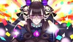  1girl amethyst_(gemstone) bangs black_dress blush breasts brown_hair confetti double_bun double_v dress emotional_engine_-_full_drive fate/grand_order fate_(series) gem glasses hair_ornament honjou_raita juliet_sleeves large_breasts long_hair long_sleeves looking_at_viewer murasaki_shikibu_(fate) parody puff_and_slash_sleeves puffy_sleeves sleeves_past_wrists solo sparkle two_side_up v very_long_hair violet_eyes 