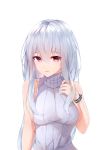  1girl alternate_costume arknights artist_name bangs bare_arms bare_shoulders bracelet breasts eyebrows_visible_through_hair grey_sweater hair_between_eyes hand_up highres jewelry leria_v long_hair looking_at_viewer medium_breasts no_hat no_headwear parted_lips red_eyes ribbed_sweater sidelocks signature silver_hair simple_background skadi_(arknights) sleeveless_sweater smile solo sweater turtleneck turtleneck_sweater upper_body white_background 