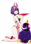  1girl absurdres alcohol ankle_ribbon bangs bare_shoulders barefoot blush bob_cut breasts closed_mouth cup delrah eyeliner fate/grand_order fate_(series) feet gourd headpiece highres horns kneeling legs licking_lips looking_at_viewer makeup navel oni oni_horns purple_hair red_ribbon revealing_clothes ribbon sakazuki sake short_eyebrows short_hair shuten_douji_(fate/grand_order) simple_background skin-covered_horns small_breasts smile solo tongue tongue_out violet_eyes white_background 