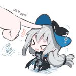  &gt;_&lt; 1girl arknights beni_shake blush_stickers chibi dress flying_sweatdrops gloves hat index_finger_raised long_hair low_tied_hair poking signature skadi_(arknights) translated wavy_mouth white_background 