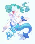  blue_eyes brionne closed_eyes commentary creature english_commentary eyelashes full_body gen_7_pokemon green_hair highres no_humans onemegawatt pokemon pokemon_(creature) pokemon_(game) pokemon_sm popplio primarina simple_background swimming tied_hair underwater white_background 