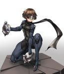  1girl absurdres bodysuit braid brown_hair crown_braid full_body highres kelvin_hiu kneeling mask niijima_makoto persona persona_5 red_eyes scarf short_hair shoulder_spikes solo spiked_knuckles spikes 