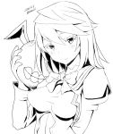  1girl blush breasts closed_mouth guilty_gear guilty_gear_xrd long_hair looking_at_viewer monochrome ramlethal_valentine school_uniform simple_background smile white_background zaki_(narashigeo) 