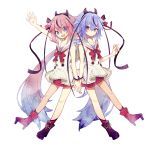  2others :d arm_up bare_arms boots bracelet braid collarbone double-breasted full_body gradient_hair hair_ribbon highres horns jewelry long_hair meika_hime meika_mikoto miwasiba multicolored_hair multiple_others official_art open_mouth pink_eyes pink_hair purple_hair purple_nails red_nails red_ribbon red_shorts red_skirt ribbon sailor_collar shorts single_braid skirt sleeveless smile symmetry transparent_background twintails very_long_hair violet_eyes vocaloid 