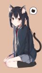  1girl absurdres animal_ears black_hair blush brown_eyes cat_ears cat_tail highres k-on! leadin_the_sky long_hair nakano_azusa school_uniform simple_background sitting speech_bubble tail twintails 