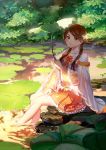  1girl :t bare_legs blush brown_eyes brown_hair chinese_clothes copyright_request flower frilled_skirt frills hair_flower hair_ornament hair_over_shoulder highres holding holding_leaf leaf lily_pad long_hair long_sleeves looking_at_viewer nature on_ground outdoors plant pleated_skirt pond red_skirt ribbon see-through sitting skirt soaking_feet solo splashing sunlight twintails water you_hashira 