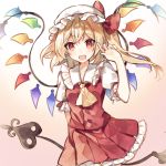  1girl blonde_hair bow commentary_request crystal fang flandre_scarlet frilled_skirt frills gradient gradient_background hand_up hat hat_bow holding laevatein long_hair looking_at_viewer mob_cap open_mouth partial_commentary pleated_skirt raka_(cafe_latte_l) red_bow red_eyes red_skirt red_vest shirt short_sleeves side_ponytail skirt smile solo touhou upper_body vest white_headwear white_shirt wings yellow_neckwear 