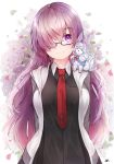  1girl alternate_hair_length alternate_hairstyle bangs black_dress blush breasts commentary_request dress eyebrows_visible_through_hair fate/grand_order fate_(series) floral_print fou_(fate/grand_order) glasses grey_jacket hair_over_one_eye highres hiromaster_sinta_jh jacket large_breasts lavender_hair long_hair looking_at_viewer mash_kyrielight purple_hair smile solo upper_body violet_eyes 