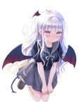  1girl bangs bat_wings blush breasts commentary_request demon_girl demon_tail dress eyebrows_visible_through_hair full_body highres long_hair na-ga original sailor_collar shoes short_sleeves simple_background skirt small_breasts solo tail v_arms violet_eyes white_background wings 