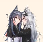  2girls :d ? animal_ear_fluff animal_ears arknights artist_name bangs beige_background black_capelet black_hair black_jacket blush breath brown_eyes capelet eyebrows_visible_through_hair fang from_side grey_eyes hair_between_eyes hair_ornament hairclip head_tilt highres jacket lappland_(arknights) leria_v long_hair long_sleeves looking_at_another looking_at_viewer multiple_girls open_mouth profile sidelocks signature silver_hair simple_background smile texas_(arknights) trembling upper_body white_jacket wolf_ears yuri 