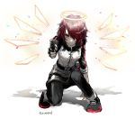 1girl absurdres aiming_at_viewer arknights black_legwear character_name exusiai_(arknights) fingerless_gloves gloves glowing glowing_wings gun halo highres hood hooded_jacket jacket k610twins pantyhose red_eyes redhead serious shoes short_hair sleeves_rolled_up solo squatting weapon wings 