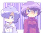  2girls asymmetrical_bangs bangs breasts color_connection commentary_request flat_chest frontier_brain hair_color_connection highres kagari_(pokemon) lila_(pokemon) looking_at_viewer multiple_girls pokemon pokemon_(game) pokemon_emerald pokemon_oras pokemon_rse purple_background purple_hair purple_theme small_breasts sweater trait_connection upper_body violet_eyes yamadakyou_kurotan 