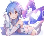  1girl :d absurdres animal_print ass bare_shoulders blue_hair blush bunny_print crossed_ankles elbow_gloves elbow_rest feet gloves hair_between_eyes happy heart heart-shaped_pupils heart_print highres leotard looking_at_viewer lying neptune_(series) on_stomach open_mouth papion red_eyes short_hair_with_long_locks simple_background smile solo symbol-shaped_pupils thigh-highs thighs upper_teeth white_background white_gloves white_heart white_legwear white_leotard wings 