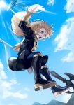  1girl blonde_hair blue_legwear blue_sky boots clouds day fire_emblem fire_emblem:_three_houses full_body garreg_mach_monastery_uniform green_eyes high_heel_boots high_heels holding ingrid_brandl_galatea knee_boots long_hair long_sleeves open_mouth outdoors pegasus polearm shiyo_(jkke5275) sky solo uniform weapon 