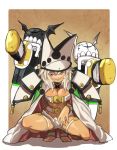  1girl beltbra breasts cape dark_skin feet gazacy_(dai) guilty_gear guilty_gear_xrd hat highres huge_weapon long_hair looking_at_viewer navel open_mouth ramlethal_valentine short_shorts shorts sword thigh_strap weapon white_hair yellow_eyes 