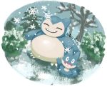  artsy-theo bare_tree claws facing_viewer fangs full_body gen_1_pokemon gen_4_pokemon looking_at_viewer munchlax no_humans outdoors pokemon pokemon_(creature) smile snorlax snow snowflakes snowing standing tree 
