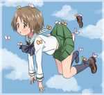  bangs blouse brown_eyes brown_hair bug butterfly carrying clouds commentary fanta_(the_banana_pistols) flying girls_und_panzer green_skirt highres insect loafers long_sleeves maruyama_saki ooarai_school_uniform open_mouth pleated_skirt school_uniform serafuku shoes short_hair single_shoe skirt sky socks white_blouse 