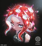  1girl black_bandana black_jacket closed_mouth commentary crystal_hair english_text grey_eyes houseki_no_kuni iria_splash jacket light_frown light_particles looking_at_viewer makeup mascara medium_hair octarian octoling pointy_ears redhead shiny shiny_hair sleeveless sleeveless_jacket solo sparkle splatoon_(series) suction_cups tentacle_hair twintails upper_body 