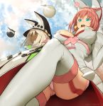  breasts clouds dark_skin elphelt_valentine guilty_gear guilty_gear_xrd hat highres large_breasts long_hair looking_at_viewer multiple_girls ramlethal_valentine short_hair white_hair zaki_(narashigeo) 