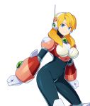  1girl alia_(rockman) android bangs blonde_hair blue_eyes breasts cowboy_shot gloves headset highres large_breasts long_hair mizuno_keisuke official_art robot_ears rockman rockman_x smile solo transparent_background white_gloves 