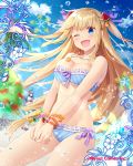  2girls ball bare_shoulders beach beach_volleyball bikini blonde_hair blue_eyes food fruit gauntlets green_bikini hair_ornament jewelry lemon lemon_slice long_hair looking_at_viewer multiple_girls natsumekinoko necklace official_art one_eye_closed open_mouth pineapple shinkai_no_valkyrie strawberry swimsuit watermelon 