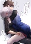  1boy 1girl ahoge blue_eyes blush breasts brown_hair check_translation command_spell fate/grand_order fate_(series) fujimaru_ritsuka_(male) fur-trimmed_collar fur-trimmed_sleeves fur_trim grey_hair hand_on_another&#039;s_thigh head_on_shoulder highres jacket jeanne_d&#039;arc_(alter)_(fate) jeanne_d&#039;arc_(fate)_(all) looking_at_another medium_breasts straddling sushimaro sweat translation_request 
