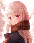  1girl bangs blonde_hair blush coat commentary eyebrows_visible_through_hair fate/kaleid_liner_prisma_illya fate_(series) hair_between_eyes hand_up illyasviel_von_einzbern long_hair long_sleeves looking_at_viewer nasii pink_eyes portrait red_scarf revision scarf smile solo 