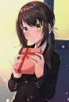  absurdres black_hair black_jacket blush box eyebrows_visible_through_hair gift gift_box green_eyes hair_ribbon highres jacket low_twintails namikawa_kuroha original ribbon school_uniform smile takamine_miyu_(namikawa_kuroha) twintails uniform white_ribbon 