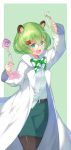  1girl :3 :d animal_ear_fluff animal_ears animare arm_up bear_ears bear_hair_ornament belt belt_buckle black_belt black_legwear buckle collared_shirt erlenmeyer_flask fang glasses green_background green_eyes green_hair green_skirt hair_ornament highres hinokuma_ran holding kokka_han labcoat long_sleeves open_clothes open_mouth pantyhose pencil_skirt round_eyewear shirt short_hair skirt smile solo two-tone_background virtual_youtuber white_background white_shirt 