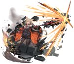  1girl ammunition animal_ears belt blonde_hair boots bow breasts coat collar concept_art english_commentary explosion eyebrows_visible_through_hair fingerless_gloves fox_ears fox_tail full_body gloves hair_bow highres holding holding_weapon leg_up long_coat long_hair medium_breasts miniskirt necktie off_shoulder open_clothes open_coat open_mouth orange_coat original pantyhose polearm pouch rainmood red_bow red_collar red_eyes red_neckwear rubble simple_background skirt smile smoke solo split_ponytail tail very_long_hair weapon white_background 
