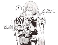  ! 2boys chibi chinese_clothes csyko dual_persona fate/grand_order fate_(series) gameplay_mechanics gao_changgong_(fate) greyscale hair_between_eyes holding holding_person holding_sword holding_weapon horned_mask male_focus mask mask_removed monochrome multiple_boys sheath sheathed spoken_exclamation_mark sword weapon 